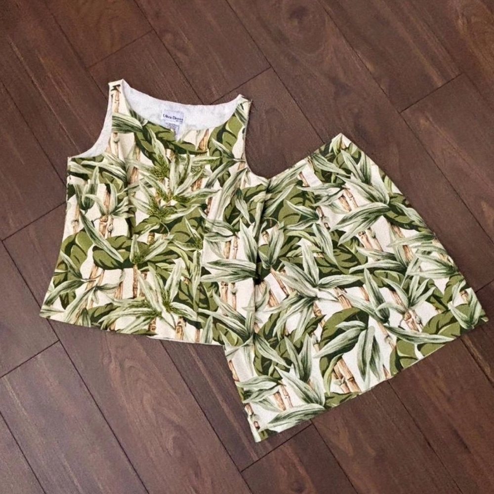 Tropical Leaf Print Women's Skirt tank top two piece set - Green